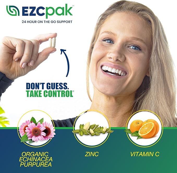 EZC Pak On The Go Immune System Booster with Echinacea, Vitamin C, Zinc, Immune Support Supplement, Immunity Vitamins for Adults, Travel-Friendly Packaging, Vegetarian, Gluten-Free