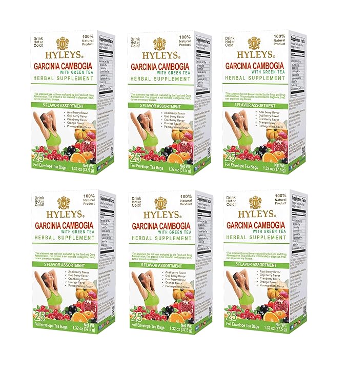 HYLEYS Tea Garcinia Cambogia Green Tea 5 Flavors Assortment - 25 Tea Bags (6 Pack - 150 Tea Bags Total)