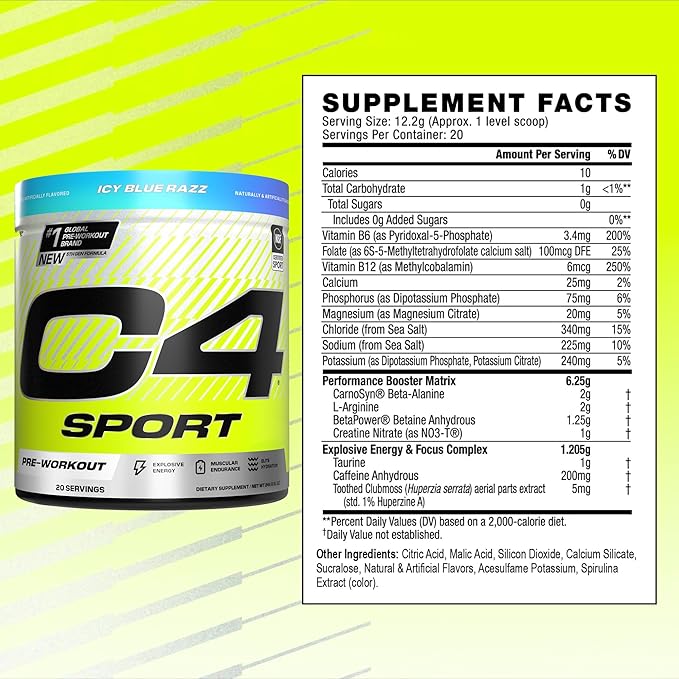 Cellucor C4 Sport Pre Workout Powder - NSF Certified for Sport - Elite Hydration - 200mg Caffeine + Creatine + Beta-Alanine - Electrolytes and Energy Supplement - ICY Blue Razz, 20 Servings