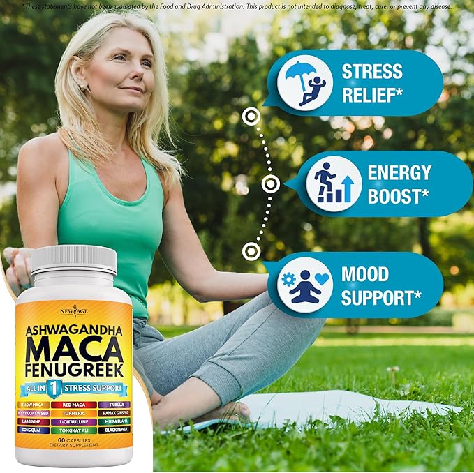 NEW AGE Ashwagandha Maca Root Fenugreek Supplement with Tongkat Ali Ginseng - Assists with Overall Health - Made in USA - 120 Count