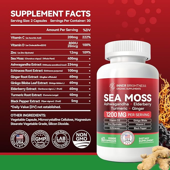 All-in-1 Irish Sea Moss Pills with Ashwagandha, Ginkgo Biloba, Turmeric & Vitamin C for Energy, Focus & Immune Support - 60ct Sea Moss Pills