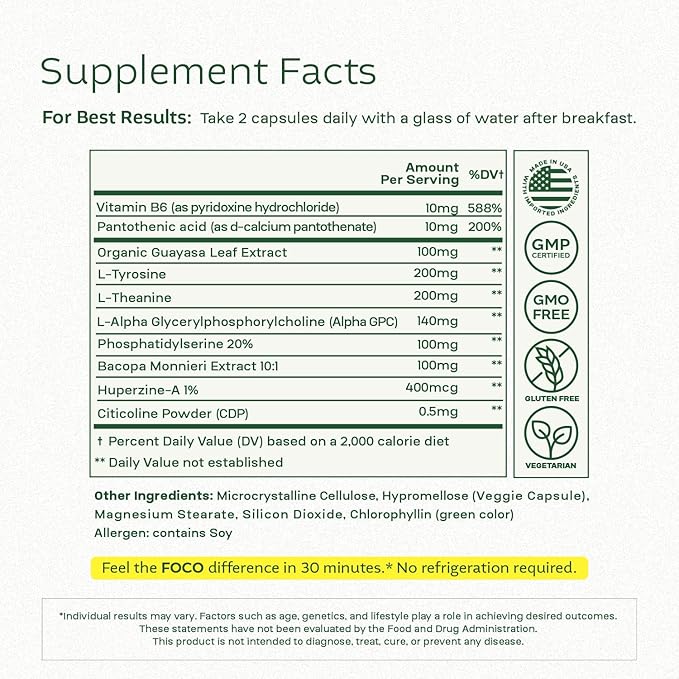 Think FOCO Capsules (13+) Natural Focus Supplement for Teens & Adults - Brain Nootropic for Concentration, Memory, Mental Clarity, Cognitive Enhancement Vitamins - Attention Supplements - 60 Capsules
