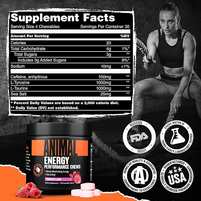 Animal Energy Chews, Fast Acting Energy with Caffeine, Nootropics and Sea Salt for Focus and Pre Workout - Convenient and Delicious Chews Format - Pom-Berry