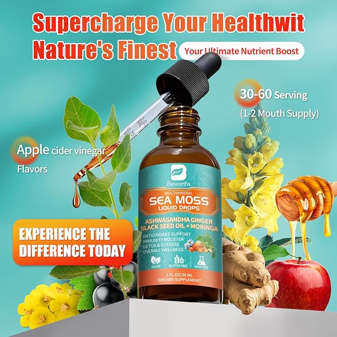 Sea Moss Drops with Black Seed Oil Ashwagandha Turmeric Bladderwrack Burdock & Vitamin C Vitamin D3 with Elderberry Manuka, Chlorophyll