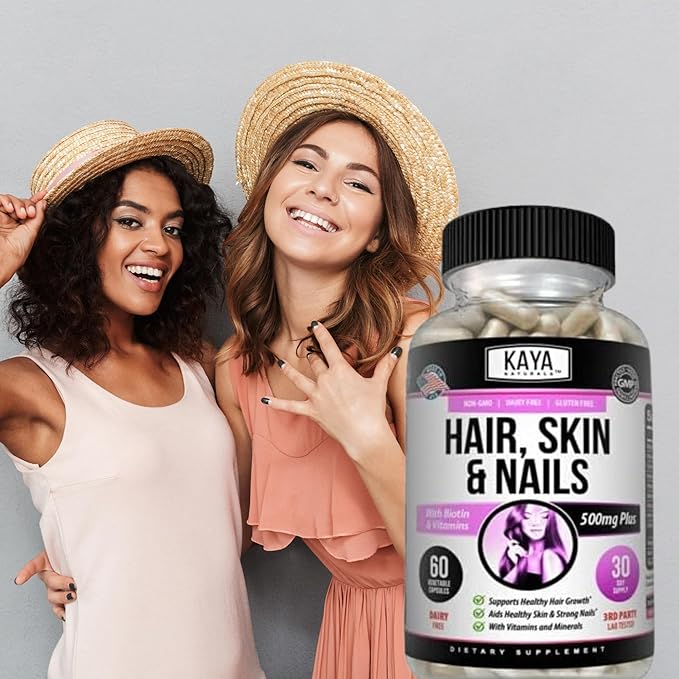 Kaya Naturals Hair Skin Nail Capsules BIOTIN Vitamin D Vitamin B-12 A Folic Acid Support, Hair Support Vitamin Supplement