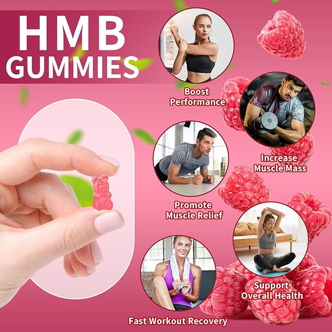 HMB and Leucine Gummies 3000mg, Leucine Amino Acid HMB Supplements for Men & Women for Muscle Growth, Muscle Relief and Workout Recovery, Sugar Free Vegan Non-GMO, Raspberry Flavor, 120 Count