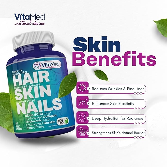 Hair, Skin, and Nails Vitamins – Complete Formula with Biotin 5000mcg, Collagen, Zinc, Keratin, and Hyaluronic Acid for Hair Growth, Strong Nails, and Glowing Skin – 180 Tablets
