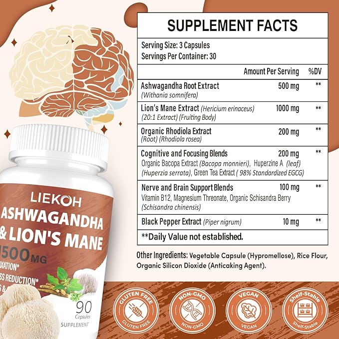 Ashwagandha & Lions Mane Supplement Capsules, Brain Supplements for Memory and Focus, Ashwagandha Supplement with Rhodiola & Black Peppe, Cortisol Supplements for Women & Men,90 Caps