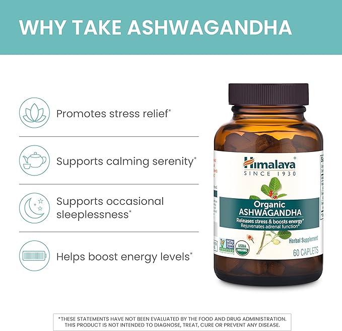 Himalaya Organic Ashwagandha, 60 Day Supply, Herbal Supplement for Stress Relief, Energy, Occasional Sleeplessness, Excipient Free, Organic, Non-GMO, Vegan, Gluten Free, 670 mg, 60 Caplets