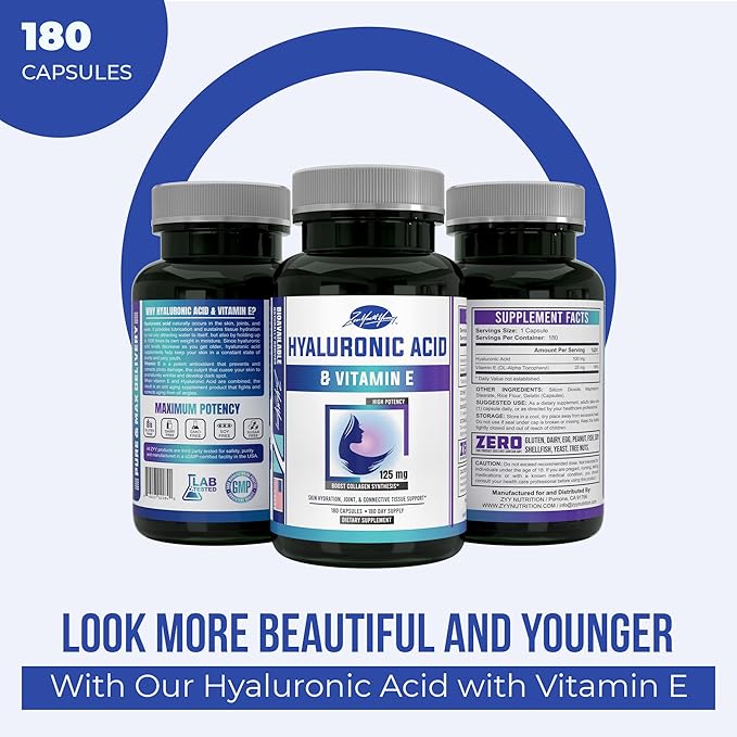 zyy Hyaluronic Acid Supplements with Vitamin E - Daily Anti Aging Beauty Supplement for Healthy Skin, Hair and Eyes, Supports Joint Lubrication & Immune System - No-GMO & Gluten-Free - 180 Capsules