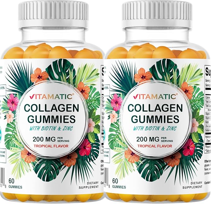 Vitamatic 2 Packs Hydrolyzed Collagen Gummies with Vitamin C, Zinc and Biotin, 200 mg - 60 Gummies (Total 120 Count)