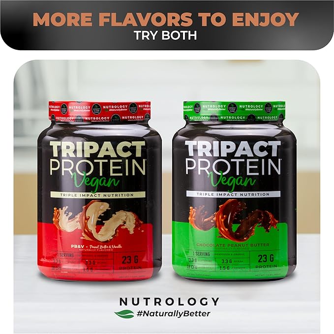 Nutrology TRIPACT Vegan Protein Powder - Vegan Meal Replacement Shakes with Organic Pea, Rice, & Pumpkin, Plant Based Protein Powder, BCAAs & Glutamine, Non-GMO, Chocolate Peanut Butter, 20 Servings