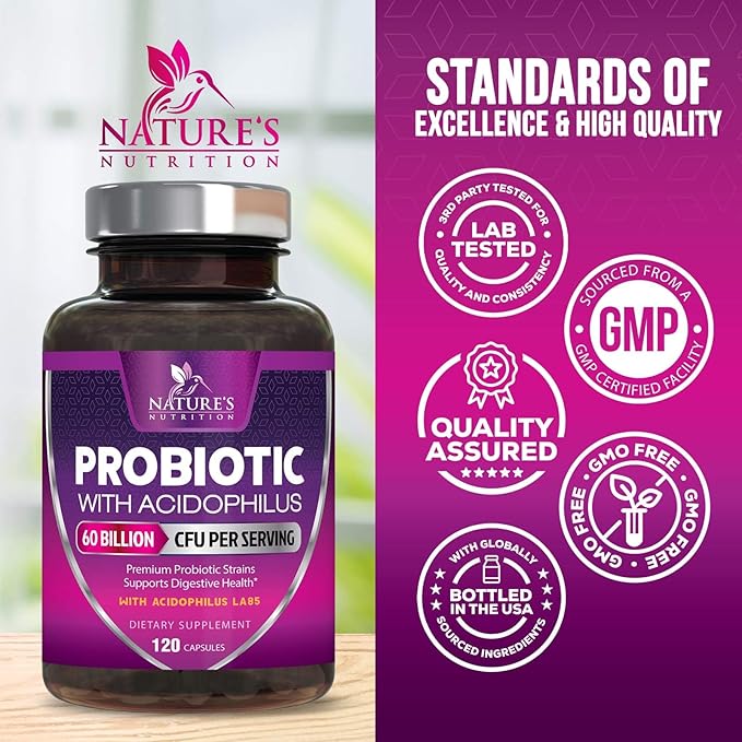 Probiotics 60 Billion CFU per Serving - 10 Strains + Prebiotics - Immune, Digestive & Gut Health Support, Supports Occasional Constipation, Gas & Bloating for Women & Men, Shelf Stable - 120 Capsules