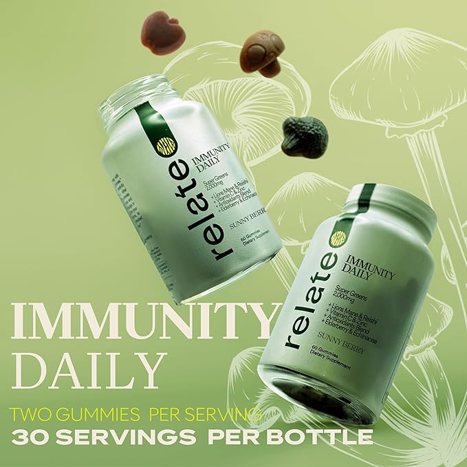 relate Immunity Daily Gummies - Super Greens, Lion's Mane & Reishi, Vitamin C & Zinc, Antioxidant Blend with Elderberry & Echinacea - Sunny Berry Flavor, 60 Count