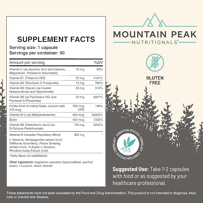 Mountain Peak Nutritionals Adrenal B Complex - Supports Endocrine & Nervous System Functions - Complete w/Vitamin B, Vitamin C & Adaptogens - Hypoallergenic Dietary Supplement(90 Vegetarian Capsules)