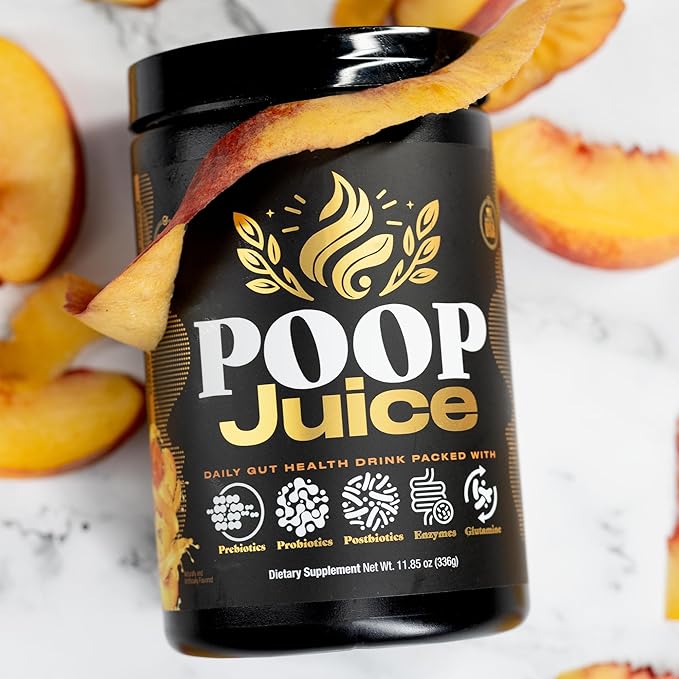 Poop Juice 5-in-1 Prebiotic, Probiotic, Postbiotic, Digestive Enzymes & Glutamine Supplement Powder - Bloat Relief, Gut & Immune Support - Sugar & Lactose-Free - 30 Servings (Georgia Peach Mango)