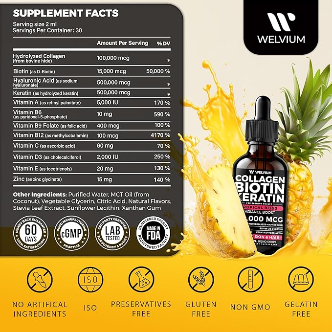 Liquid Biotin and Collagen Peptide Complex with Keratin, Hyaluronic Acid, MCT Oil, Zinc, Vitamins B6, B7, B12, A, C, D3, E - Hair Growth, Skin, and Stronger Nails Supplement for Women and Men