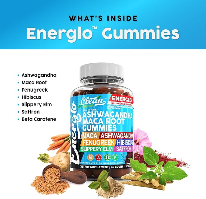 Ashwagandha Maca Root Gummies with Fenugreek Hibiscus Slippery Elm Saffron Extract & Beta Carotene | Peach Flavor Vegan Gummy Vitamins Adaptogen Cortisol Supplement Energlo by Clean Nutra