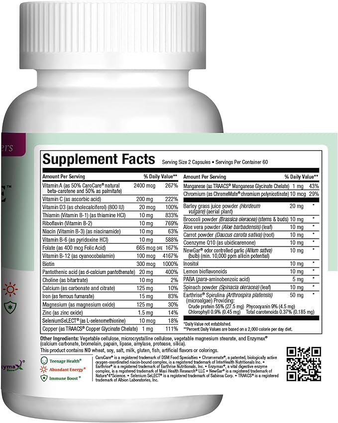 Maxi Health Teen Supreme Hers Vitamins for Teen Girls (120) - Women's Multivitamin for Energy, Immune Boost, Body & Brain Growth - Womens Multi Vitamins Including D3, Iron, Calcium, Digestive Enzyme