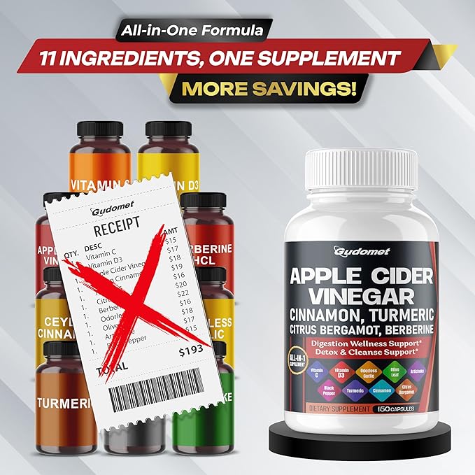 Apple Cider Vinegar Ceylon Cinnamon Turmeric Odorless Garlic Olive Leaf Artichoke Black Pepper -150 Capsules- Made in USA