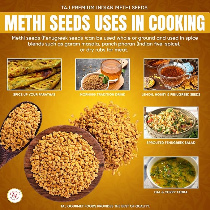 TAJ Premium Indian Methi Seeds, Fenugreek Seeds, Trigonella foenum graecum, (14 Ounce)