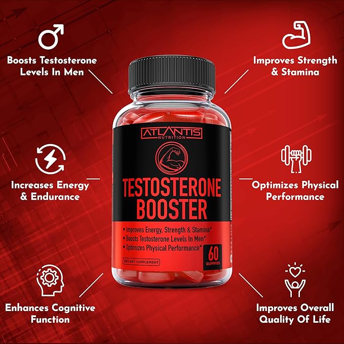 Atlantis Nutrition Testosterone Booster Gummies For Men - Enhances Strength & Stamina - Optimizes Performance & Male Enhancement - Made With Tribulus, Horny Goat Weed, Maca Root | 2-Pack (120 Gummies)