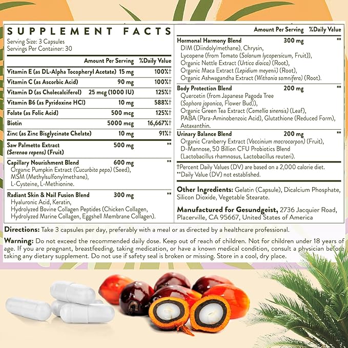 Saw Palmetto for Women Hair Loss - DHT Blocker with 5-in-1 Blend for Hair Growth, Skin & Nails, Urinary Wellness - Extra Strength Saw Palmetto Supplement - 90 Capsules