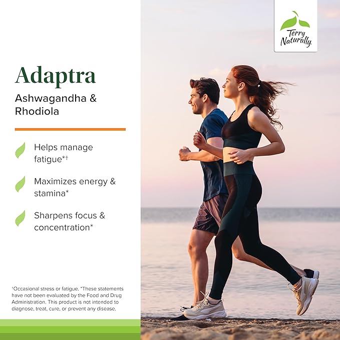 Terry Naturally Adaptra - Supplement to Support Adrenal Health - Ashwagandha Supplement with Rhodiola Rosea Extract - Herbal Supplement to Support Energy & Concentration - 60 Capsules (Pack of 2)