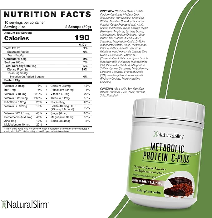 Naturalslim Protein Powder with Vitamins and Minerals Metabolic C-Plus - Meal Replacement Powder Fortified with Vitamin C, Zinc & Amino Acid - Chocolate Protein Powder 10 Servings 1.1 lb.