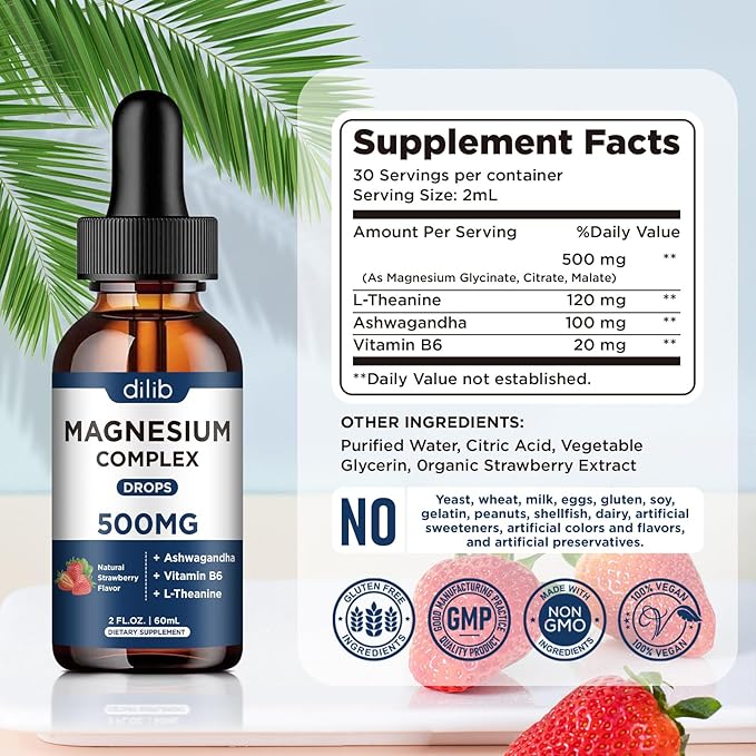 Magnesium Glycinate Liquid Drops 500mg - Triple Magnesium Complex Supplement with Citrate, Malate, Ashwagandha, L-Theanine, Vitamin B6 for Sleep, Stress Relief, Muscle, Strawberry Flavor 4 Fl Oz