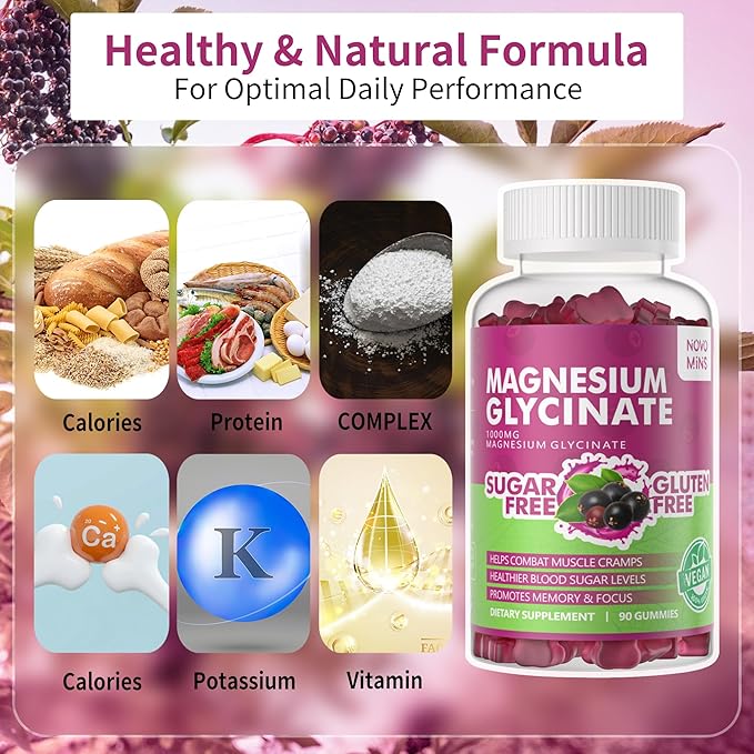 90 CT Magnesium Glycinate Gummies 1000mg - Sugar Free Magnesium Potassium Supplement with Vitamin D, B6, CoQ10 for Calm Mood & Sleep Support - 90 Elderberry Gummies