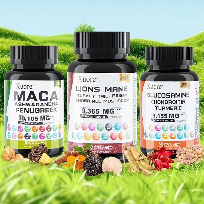Bundle of Glucosamine,Maca,Lions Mane, Black Seed Oil, Ashwagandha, Ginger & Rhodiola Rosea, Panax Ginseng, Turkey Tail, Reishi, Cordyceps, Chaga All in 1 Supplements (1 Pack)