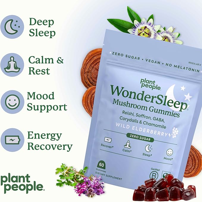 Plant People WonderSleep Mushroom Gummies Supplement for Sleep and Relaxation with Reishi Super Mushrooms, Wild Elderberry Flavor, No Sugar (60 Count)