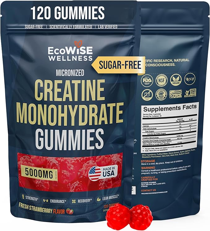 Creatine Monohydrate Gummies 5000 mg, Fresh Strawberry Flavor, 120 Sugar-Free Vegan Chews, Creatine Supplement for Daily Routine