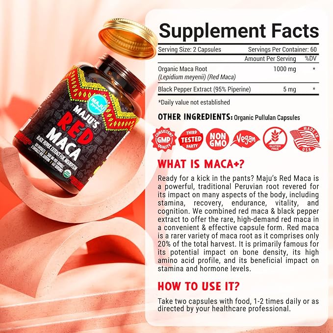 Maju Superfoods Organic Red Maca Root Capsules 120ct - Women Focused Curve Enhancement Nutrition Booster Pills, Gain for Thighs, Powder in Pill Supplement