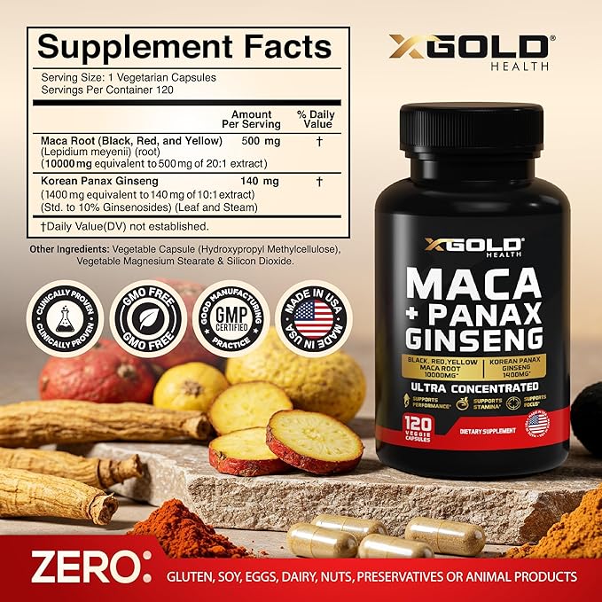 Maca Root Capsules 10,000mg + Korean Panax Ginseng 1,400mg - 20x Concentrated Extract Black + Red + Yellow Maca Root, 10x Concentrated Extract Panax Ginseng Capsules - Ultra Potent & Highly Purified