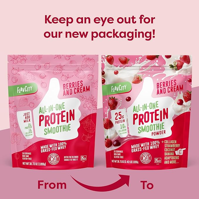 FlavCity Protein Powder Smoothie, Berries & Cream - 100% Grass-Fed Whey with Collagen (25g of Protein) - Gluten Free & No Added Sugars (38.73 oz)
