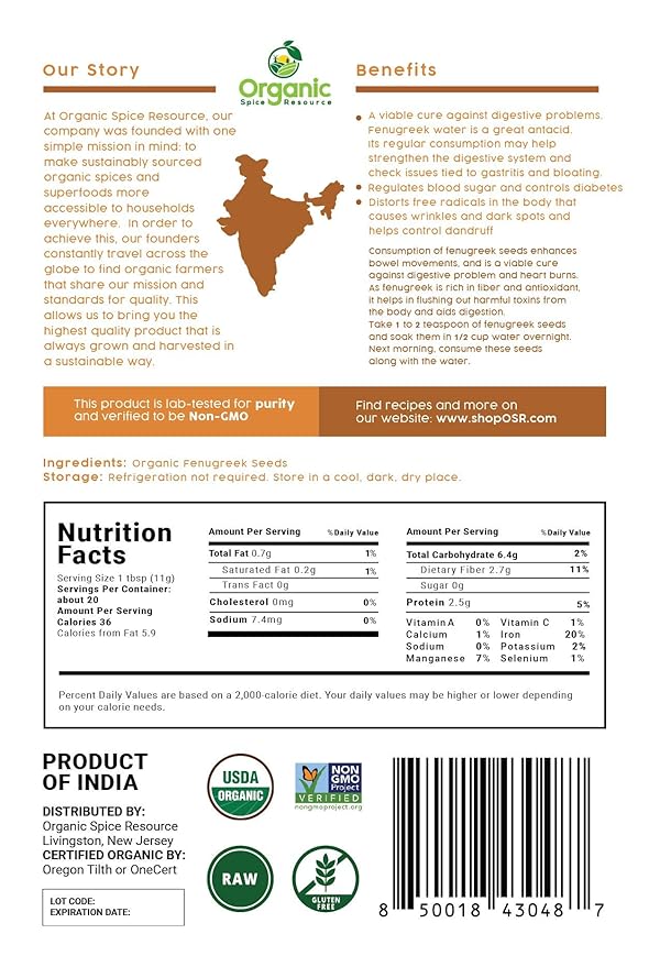 Organic Fenugreek Seeds | 16 Ounce Pack of 2 | USDA Organics and Non-GMO Verified Project Approved | Product of India | 100% Raw and Natural | Resealable Kraft Bag by SHOPOSR