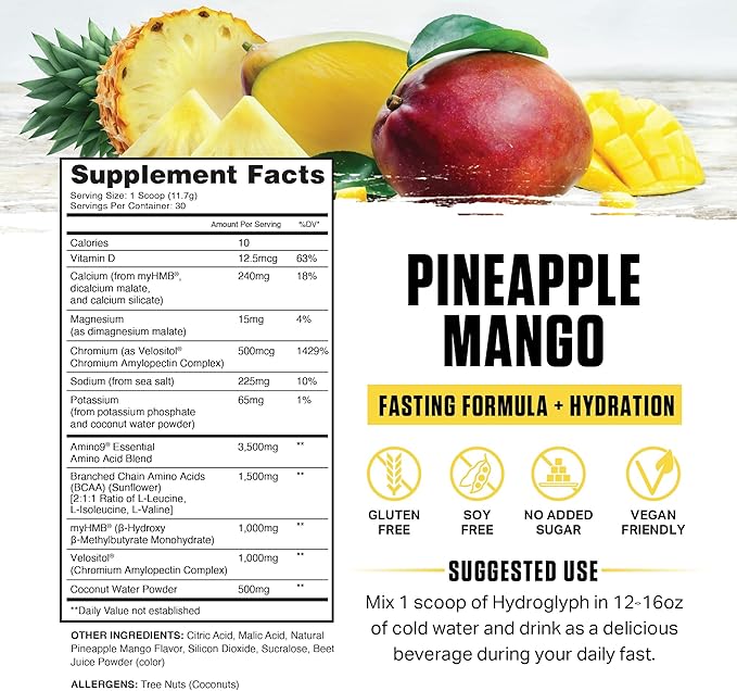 Ambrosia Hydroglyph Intraworkout Formula w/BCAA + EAA + Electrolytes Hydration Powder to Protect Lean Muscle, 0g Sugar Fasting Hydration Drink Mix, Made w/Coconut Water (Pineapple Mango)