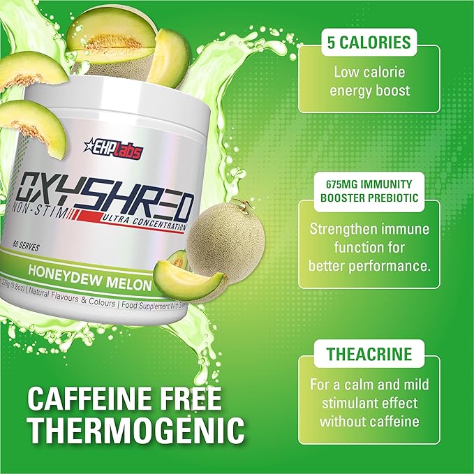 EHP Labs OxyShred Non Stimulant Pre Workout Powder - Stim Free Pre Workout, Caffeine Free Preworkout for Men & Women with L Glutamine & Acetyl L Carnitine - Honeydew Melon, 60 Servings