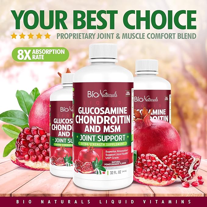 Bio Naturals Liquid Glucosamine Chondroitin MSM Pharmaceutical Grade Supplement with Hyaluronic Acid – Maximum Strength Joint Support - 32 fl oz
