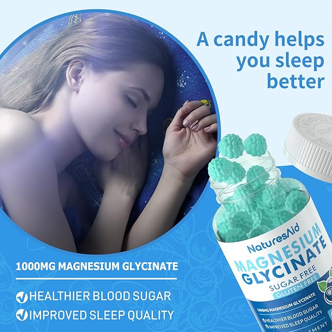 Magnesium Glycinate Gummies 1000mg - Sugar Free Magnesium Potassium Supplement with Vitamin D, B6, CoQ10 for Calm Mood & Sleep Support - 60 Blueberry Gummies -1 Pack