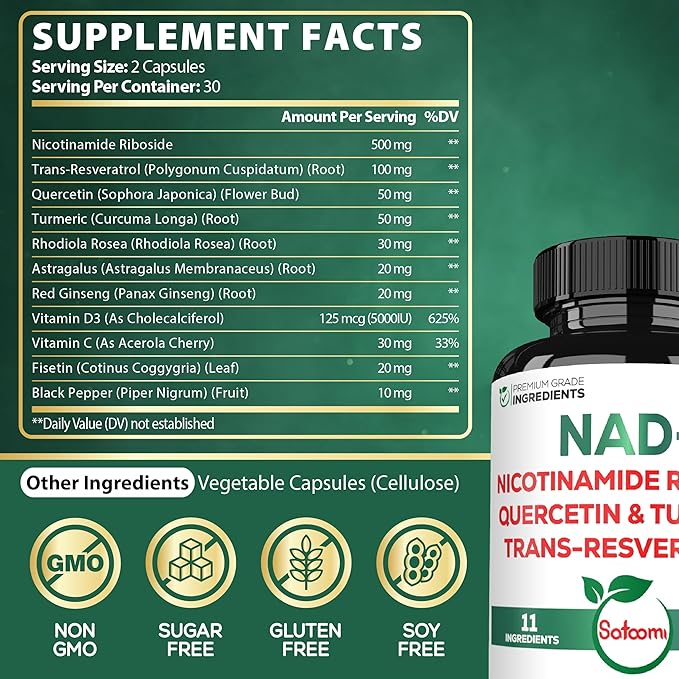 Satoomi NAD+ Supplement with Nicotinamide Riboside 900mg NR, Resveratrol, Quercetin, Turmeric, Astragalus, Ginseng, Vitamin D3, Vitamin C - 60 Count