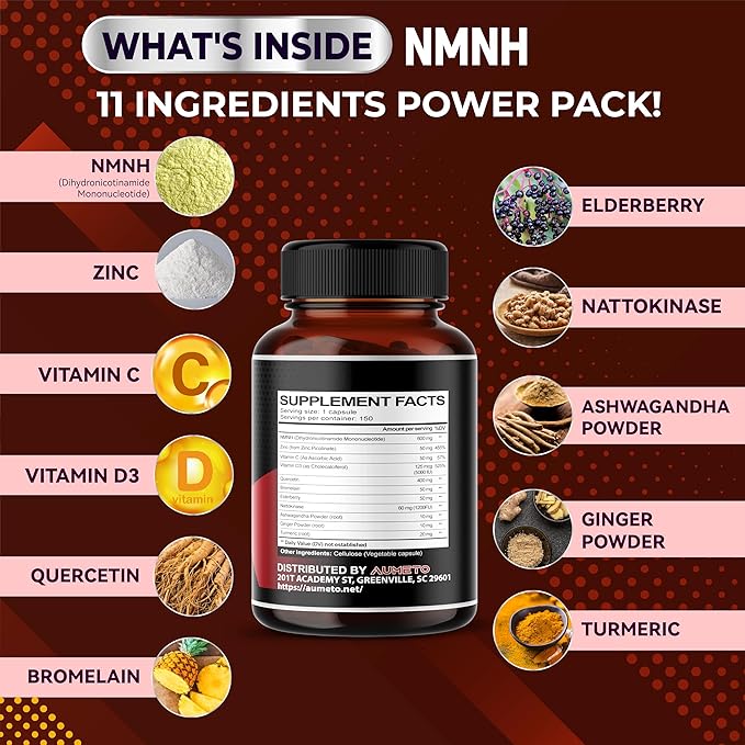 NMNH 600 mg with Zinc, Quercetin, Vitamin D3, Elderberry & Nattokinase – Daily Cellular Wellness & Healthy Aging Support – 150 Capsules – Made in USA