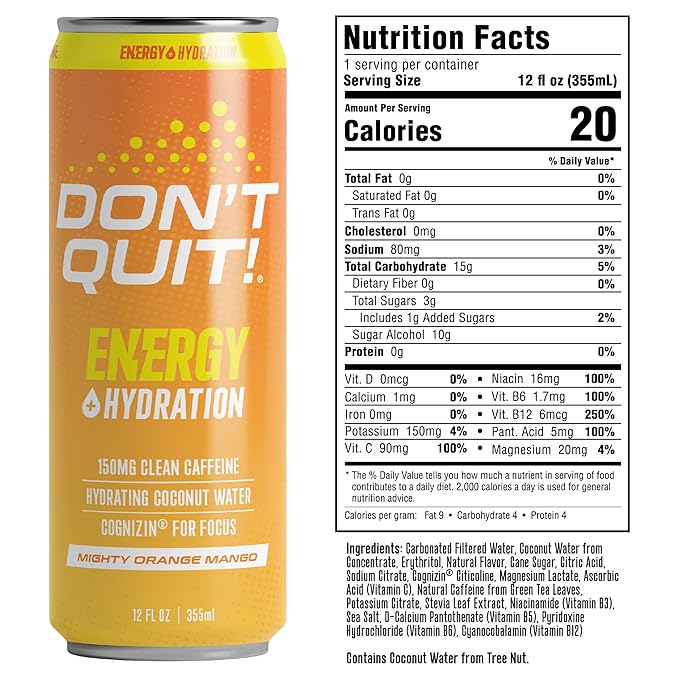 DON’T QUIT Clean Sports Energy Drink - 150 Milligrams of Natural Caffeine with Coconut Water and Electrolytes for Hydration and Cognizin® for Attention and Focus - (Mighty Orange Mango, 12 Pack)
