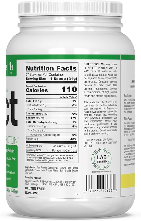 PEScience Select Vegan Plant Based Protein Powder, Peanut Butter Delight, 27 Serving, Premium Pea and Brown Rice Blend