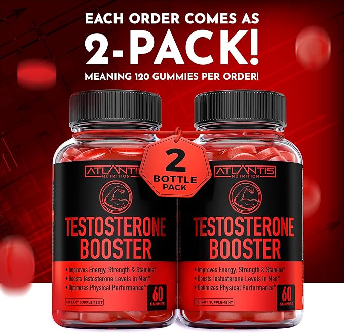 Atlantis Nutrition Testosterone Booster Gummies For Men - Enhances Strength & Stamina - Optimizes Performance & Male Enhancement - Made With Tribulus, Horny Goat Weed, Maca Root | 2-Pack (120 Gummies)