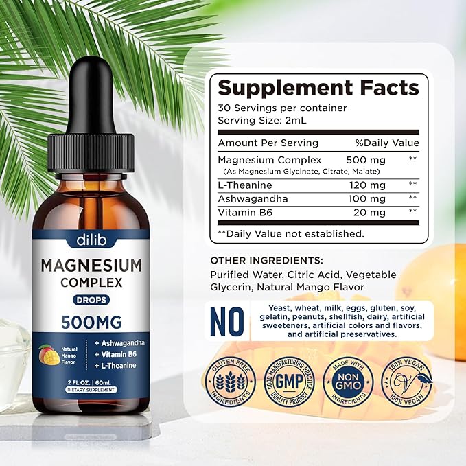 Magnesium Glycinate Liquid Drops 500mg - Triple Magnesium Complex Supplement with Citrate, Malate, Ashwagandha, L-Theanine, Vitamin B6 for Sleep, Mood, Stress Relief, Muscle, Mango Flavor 2 Fl Oz