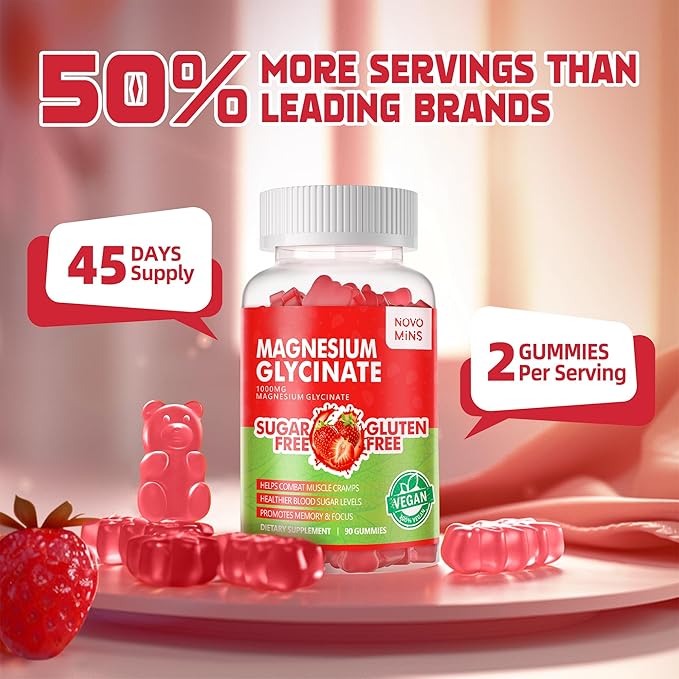 90 CT Magnesium Glycinate Gummies - Sugar Free Magnesium Potassium Supplement with Vitamin D, B6, CoQ10 for Calm Mood & Sleep Support - 90 Strawberry Gummies