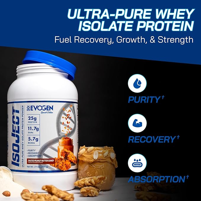 Evogen Isoject - Whey Protein Isolate | Ultra-Pure Whey Protein Powder with Ignitor Enzymes, BCAAs, and EAAs | Enhanced Absorption & Recovery | Salted Peanut Butter Candy | 25 Servings